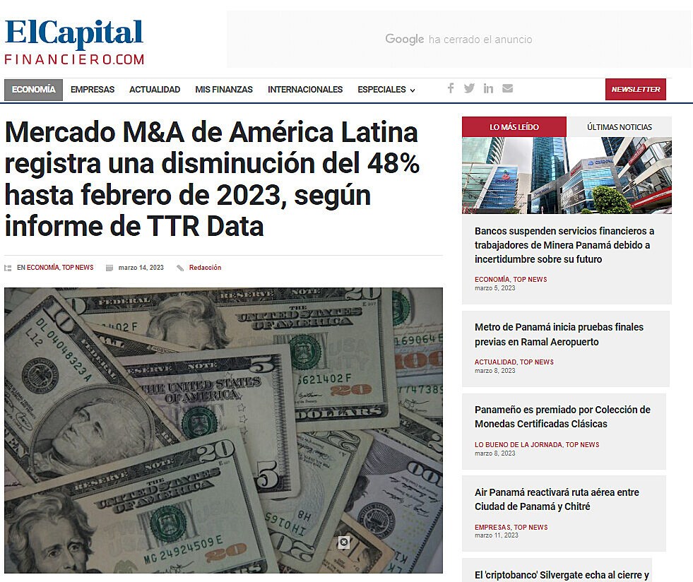 Mercado M&A de Amrica Latina registra una disminucin del 48% hasta febrero de 2023, segn informe de TTR Data